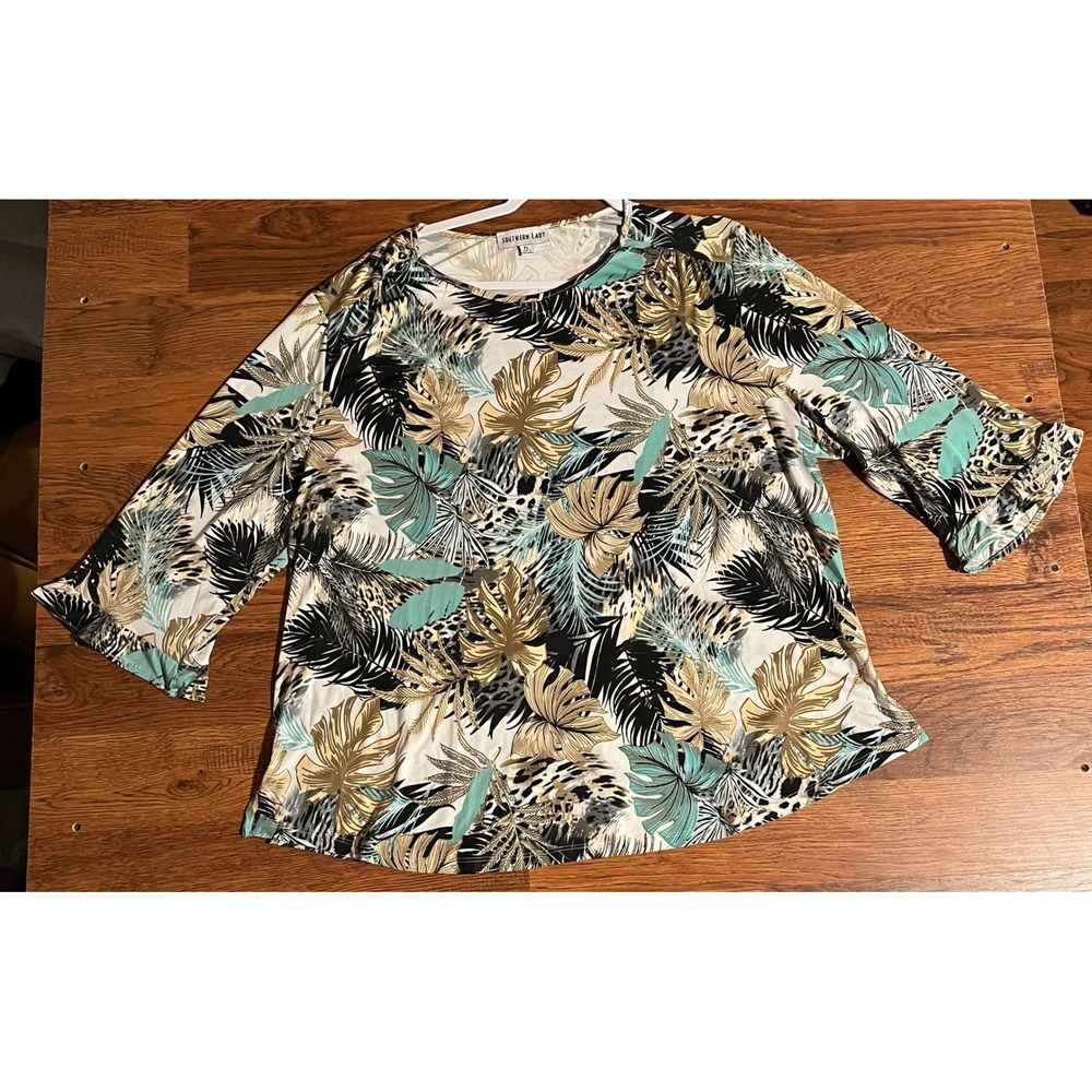 Southern Lady Tropical Palm Leaf Print 3/4 Bell Sleeve Top XL Multicolor Blouse